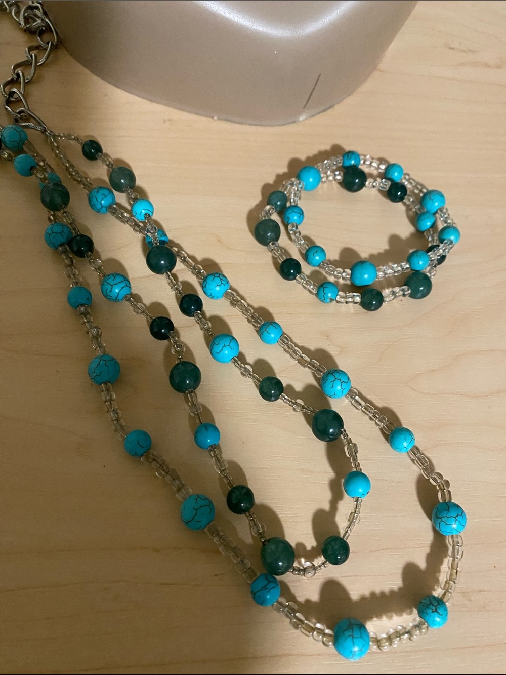 Turquoise & Dark Green Beaded Necklace and Bracelet Set - Picture 2 of 2